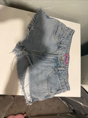 Edikted Light Blue Distressed Denim Cutoff Shorts